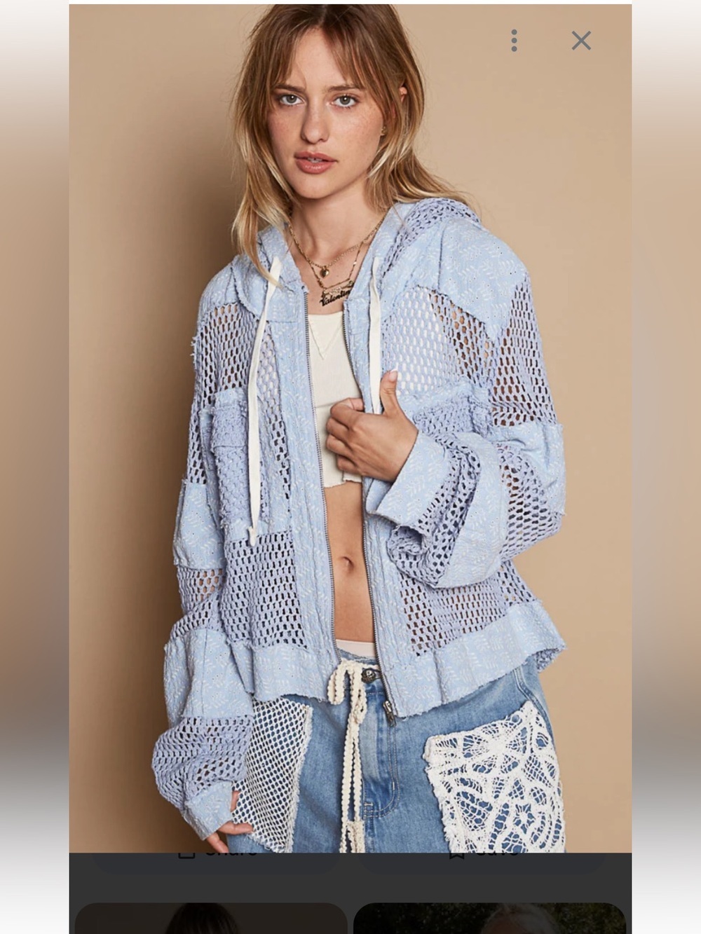 POL Clothing Fishnet Mesh Crochet Cropped Zip-Up Hoodie Light Blue Oversized S